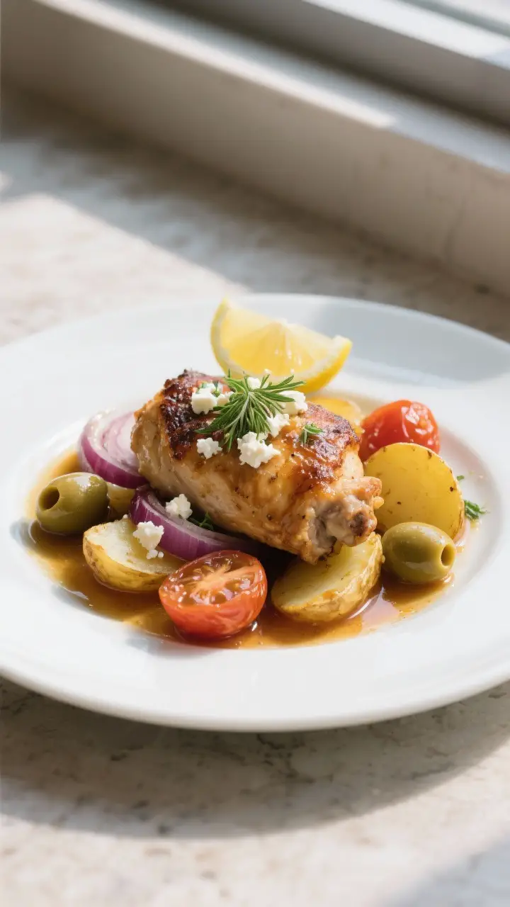 Final plated dish: Restaurant-quality presentation of a single serving—one crispy chicken thigh pl