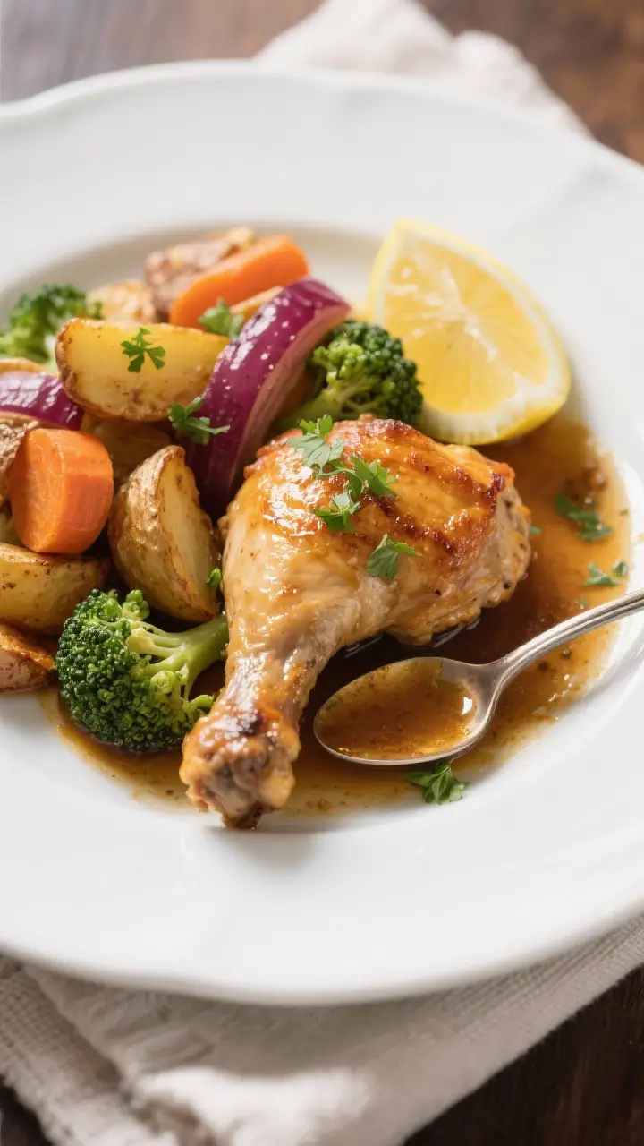 Final plated dish: restaurant-quality presentation of one chicken thigh with deeply golden skin, pla