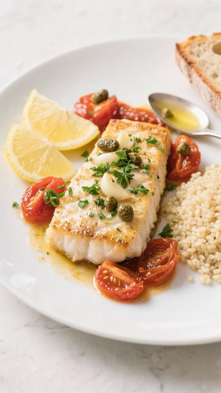 Final plated dish: Restaurant-quality presentation of Sheet Pan Lemon Garlic Cod with Tomatoes on a 