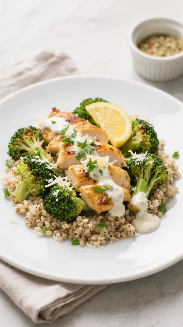 Final plated dish: Restaurant-quality presentation of sheet pan ranch chicken and broccoli served ov