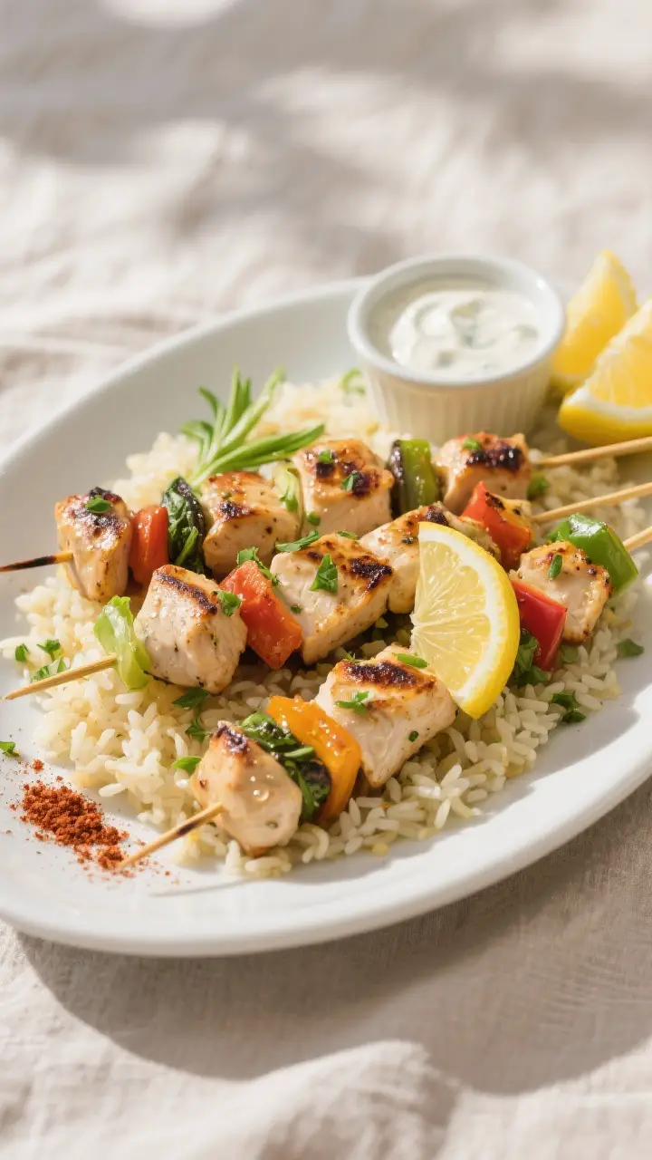 Final plated dish: Restaurant-quality presentation of Spring Chicken and Vegetable Kebabs on a matte