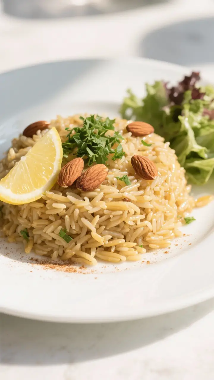 Final plated dish: Restaurant-quality presentation of Rice Pilaf with Orzo mounded on a wide white p