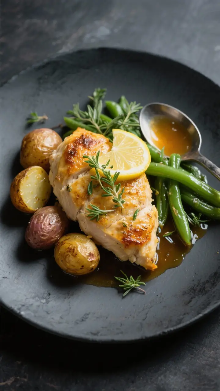 Final plated dish: Restaurant-quality presentation of baked lemon-thyme chicken breast served with r