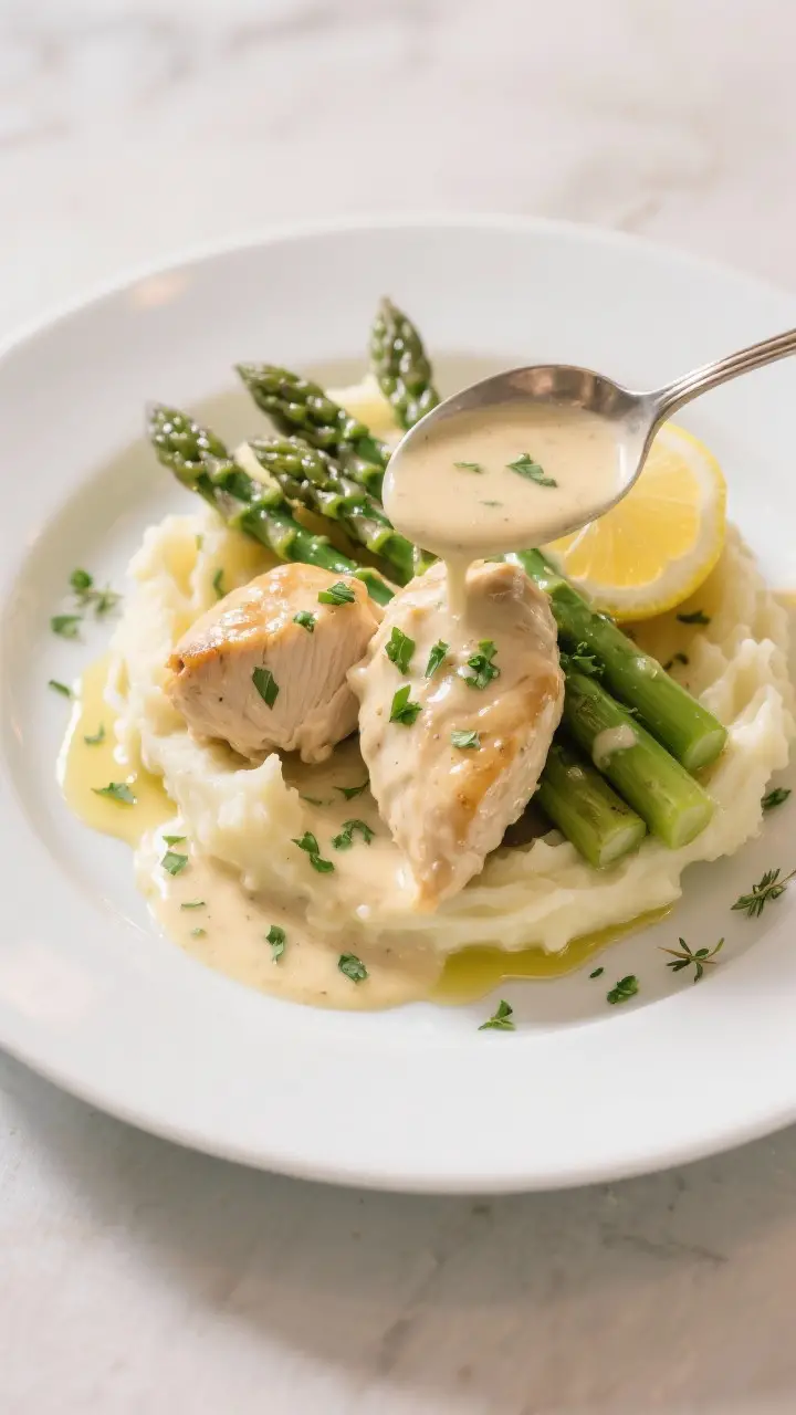 Final plated dish, restaurant-quality presentation: Beautifully plated Creamy Chicken and Asparagus 