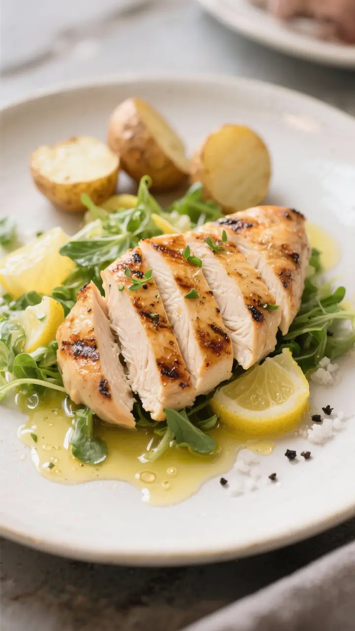 Final plated dish: Restaurant-quality presentation of grilled chicken breast sliced to reveal moist 