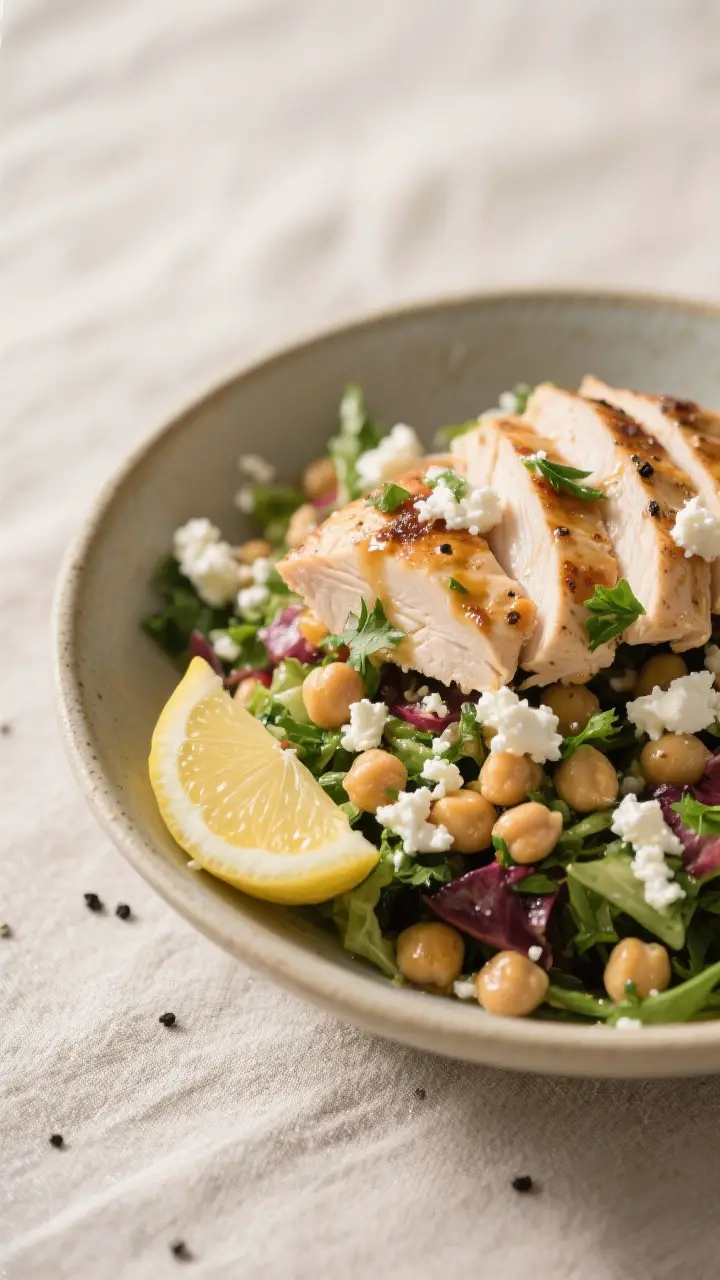 Final plated dish: Restaurant-quality presentation of Mediterranean Chickpea Salad with sliced grill