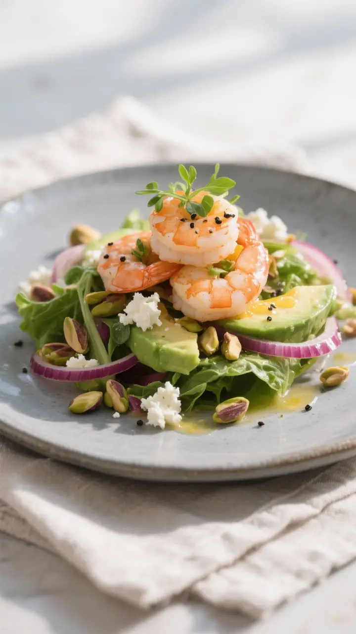 Final plated dish: Restaurant-quality presentation of the salad as a composed starter—shrimp layer