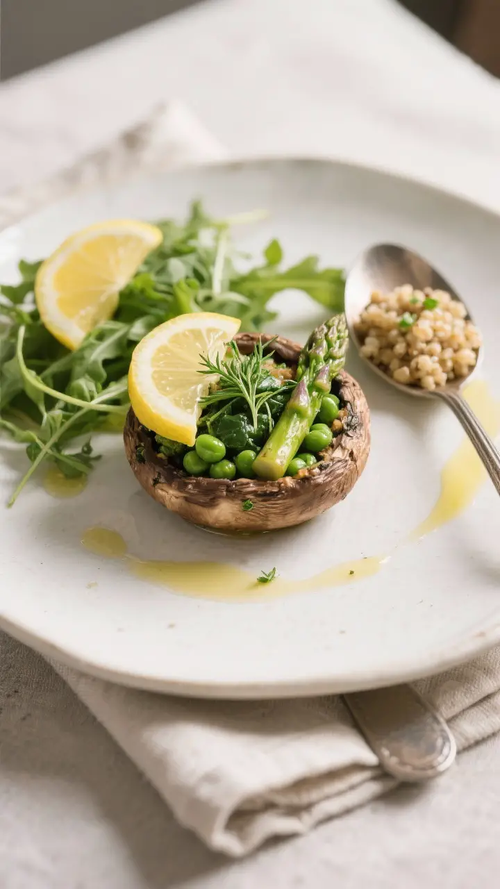 Final plated dish: Restaurant-quality presentation of a single stuffed portobello mushroom on a matt