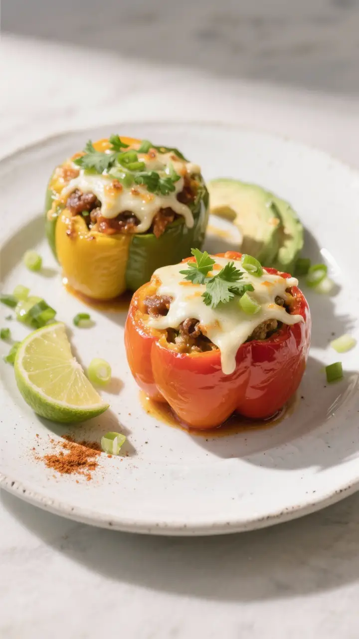 Final plated dish: Restaurant-quality presentation of two multicolored stuffed bell peppers on a whi