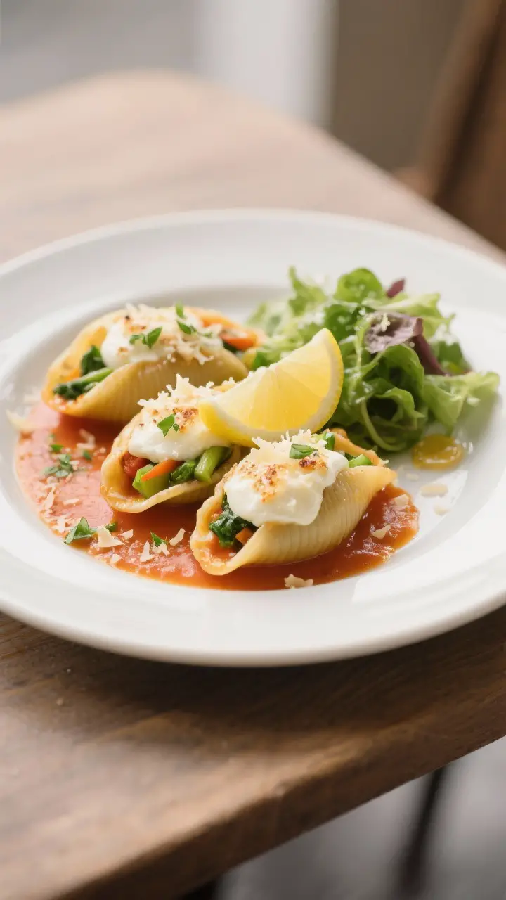 Final plated dish: Restaurant-quality presentation of Spring Vegetable Stuffed Shells on a wide, mat