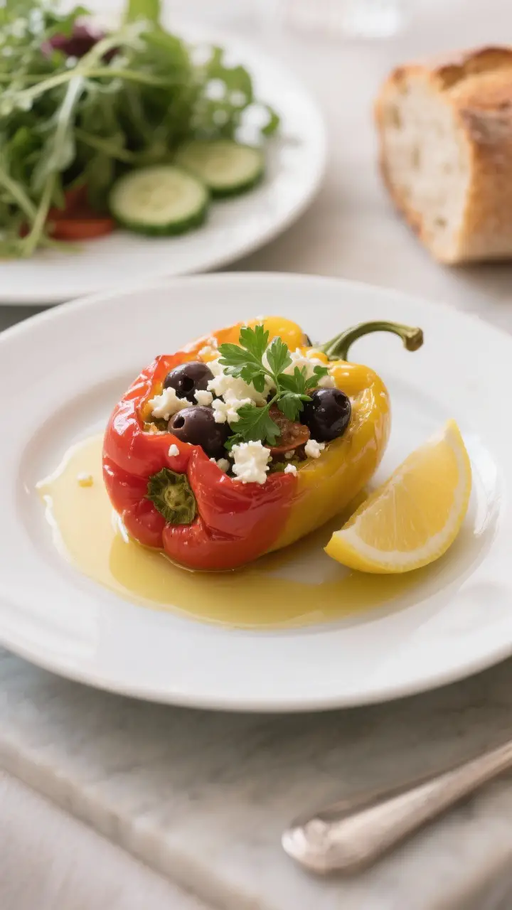 Final plated dish: Restaurant-quality presentation of a single Mediterranean stuffed pepper on a mat