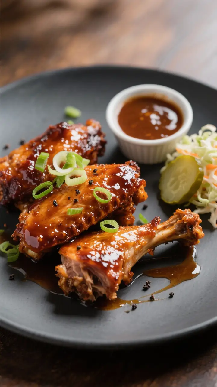 Final plated dish: Restaurant-quality presentation of sauced smoked turkey wings glazed in a shiny s