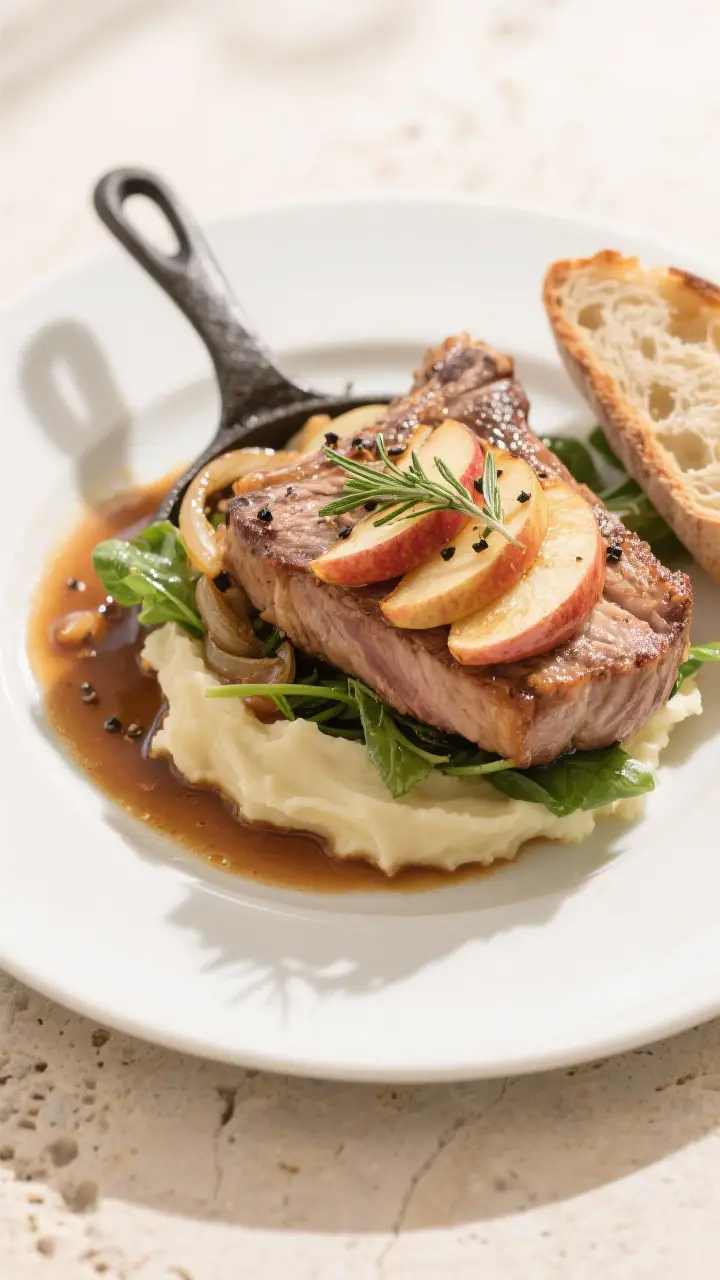 Final plated dish: Restaurant-quality presentation of Skillet Pork Chops with Apple and Spring Green
