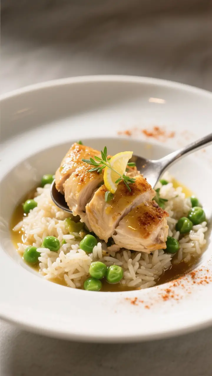 Final plated dish, restaurant-quality presentation: A generous spoonful of the chicken-and-rice plat