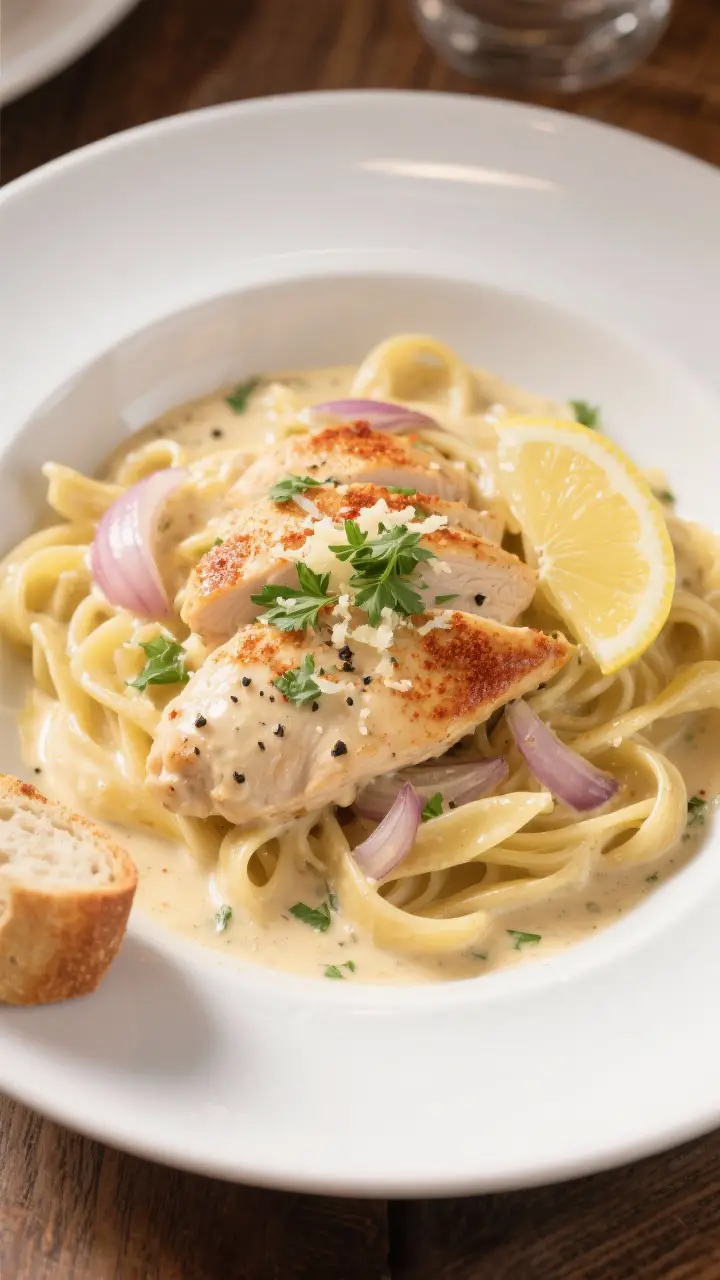 Final plated dish: Restaurant-quality presentation of Creamy Garlic Chicken Skillet served over butt