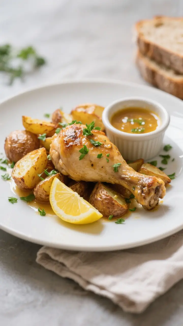 Final plated dish: Restaurant-quality presentation of One Pan Lemon Chicken with Potatoes—one thig
