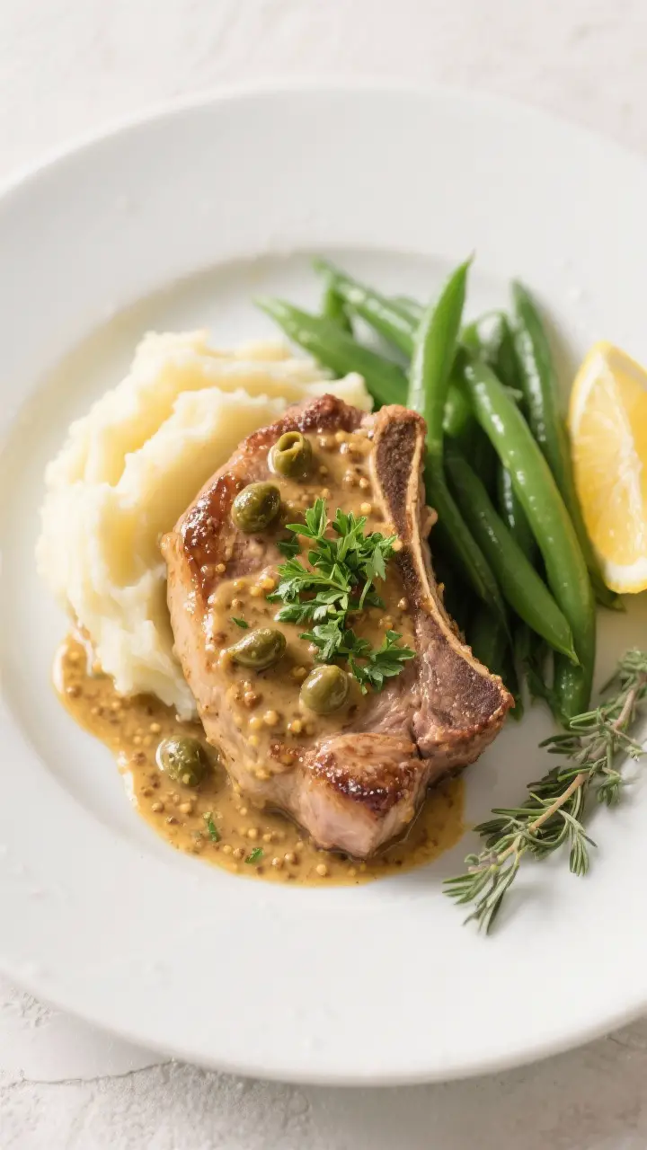 Final plated dish: Restaurant-quality presentation of skillet pork chops with creamy Dijon and whole