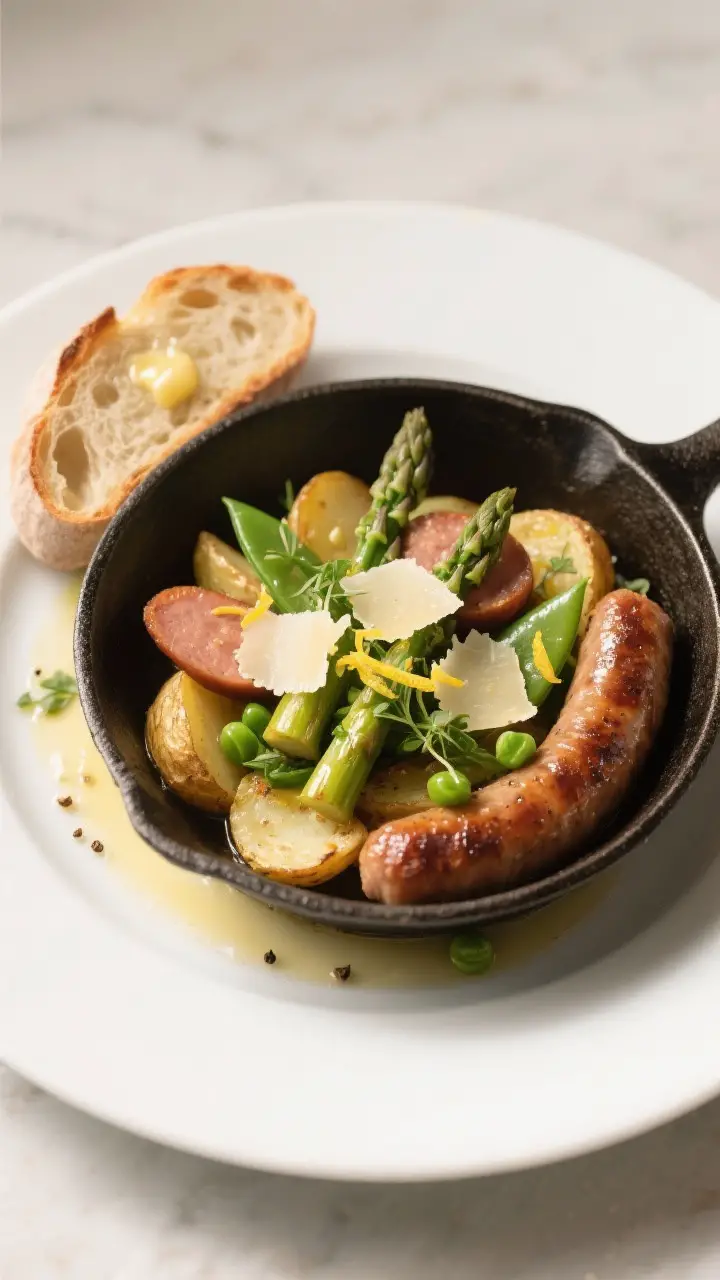 Final plated dish: Restaurant-quality presentation of the skillet portioned onto a wide white plate 