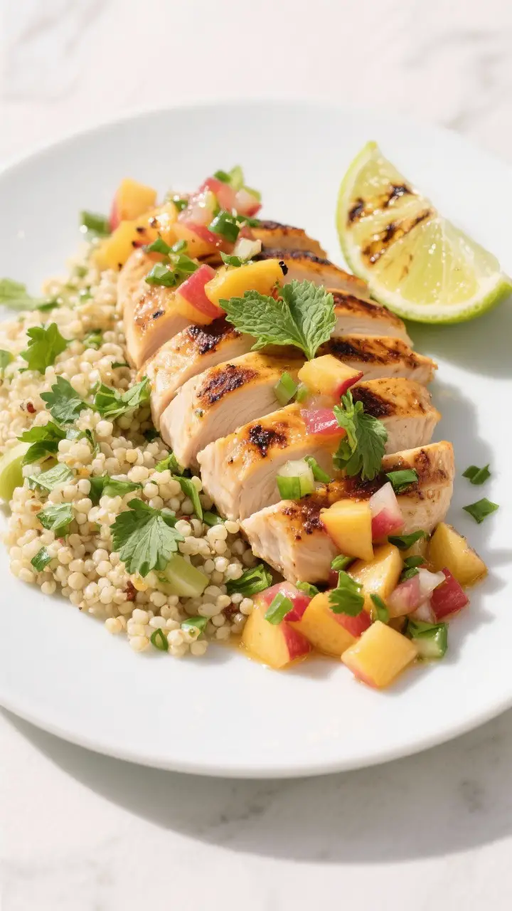 Final plated dish: Restaurant-quality presentation of Grilled Chicken Breast with Peach Salsa on a m