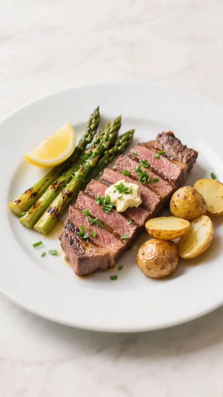 Final plated dish: Restaurant-quality presentation of grilled flank steak with melted herb butter gl