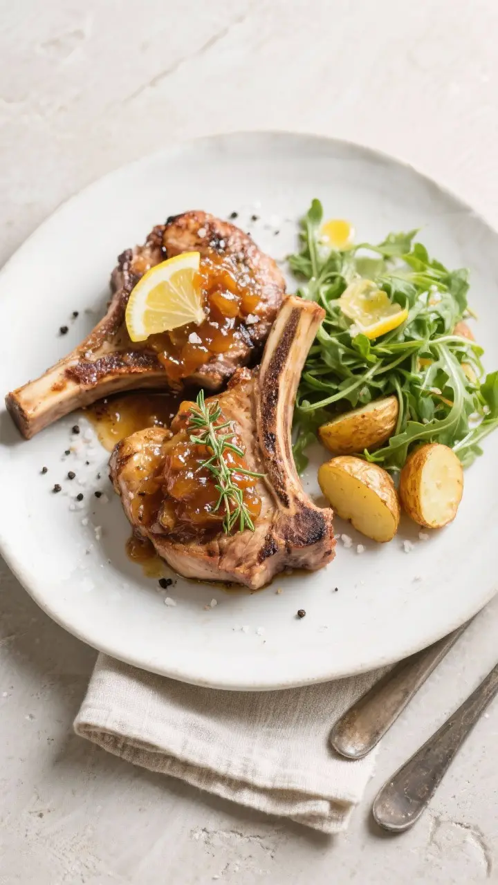 Final plated dish: Restaurant-quality presentation of Grilled Pork Chops with Apple Chutney on a mat