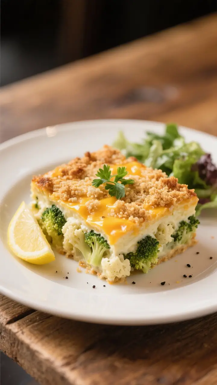 Final plated dish: Restaurant-quality presentation of a generous square of broccoli cauliflower cass