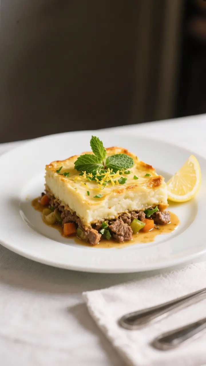 Final plated dish: Restaurant-quality presentation of a generous square of spring shepherd’s pie o