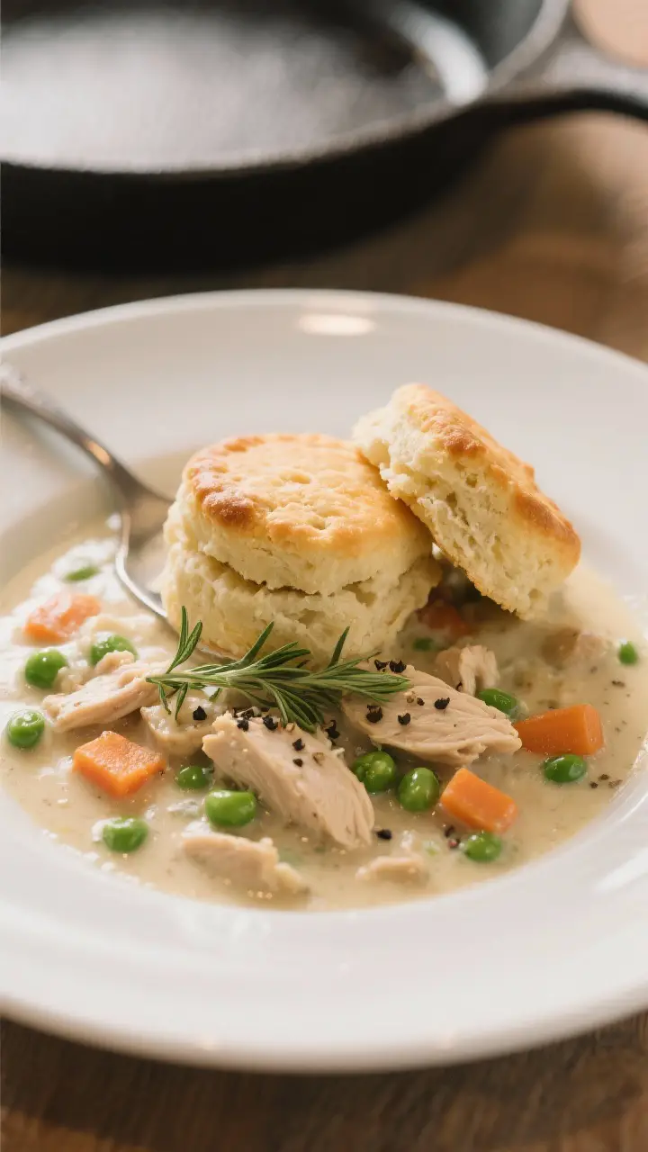 Final plated dish: Restaurant-quality presentation of a single serving—one split biscuit set over 