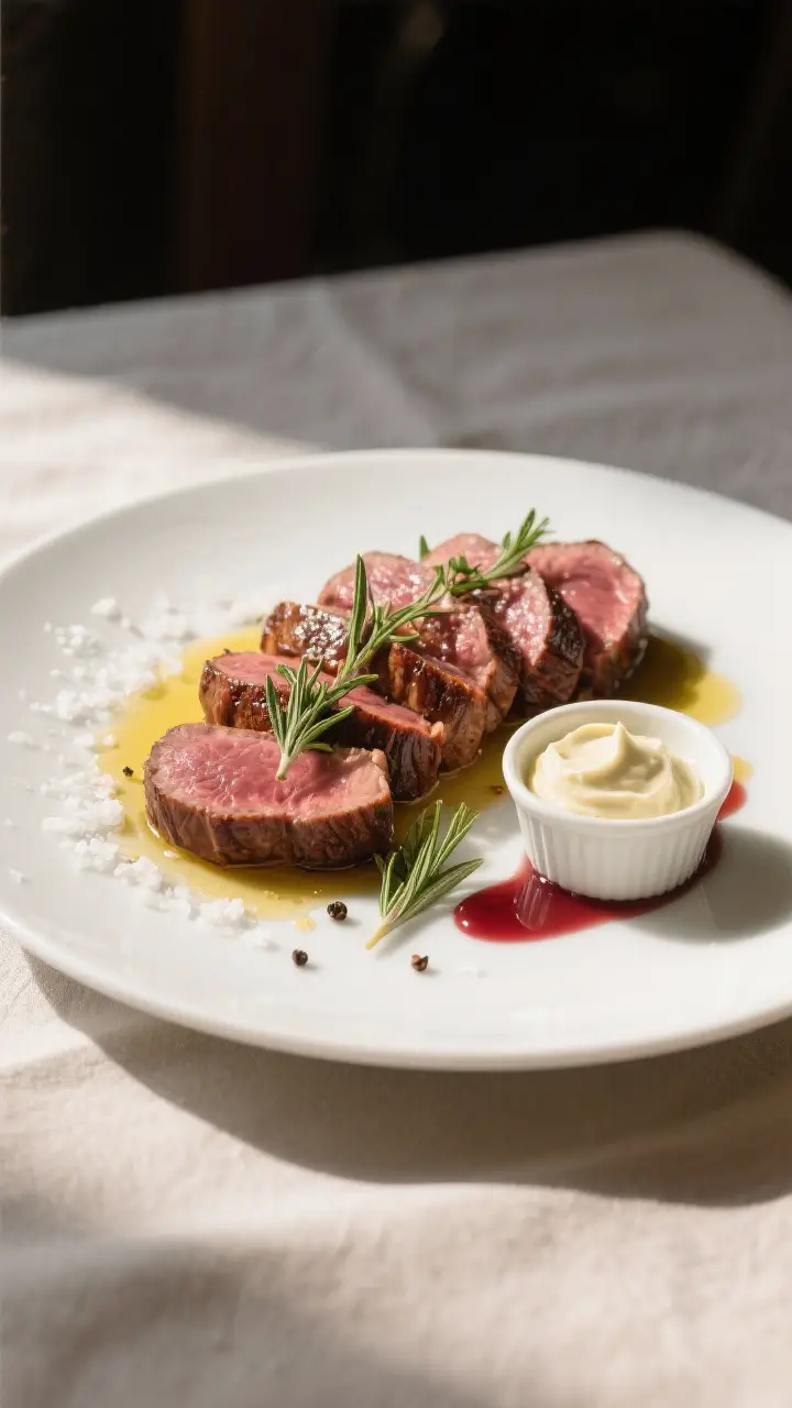 Final plated dish: Restaurant-quality presentation of smoked beef tenderloin medallions arranged in