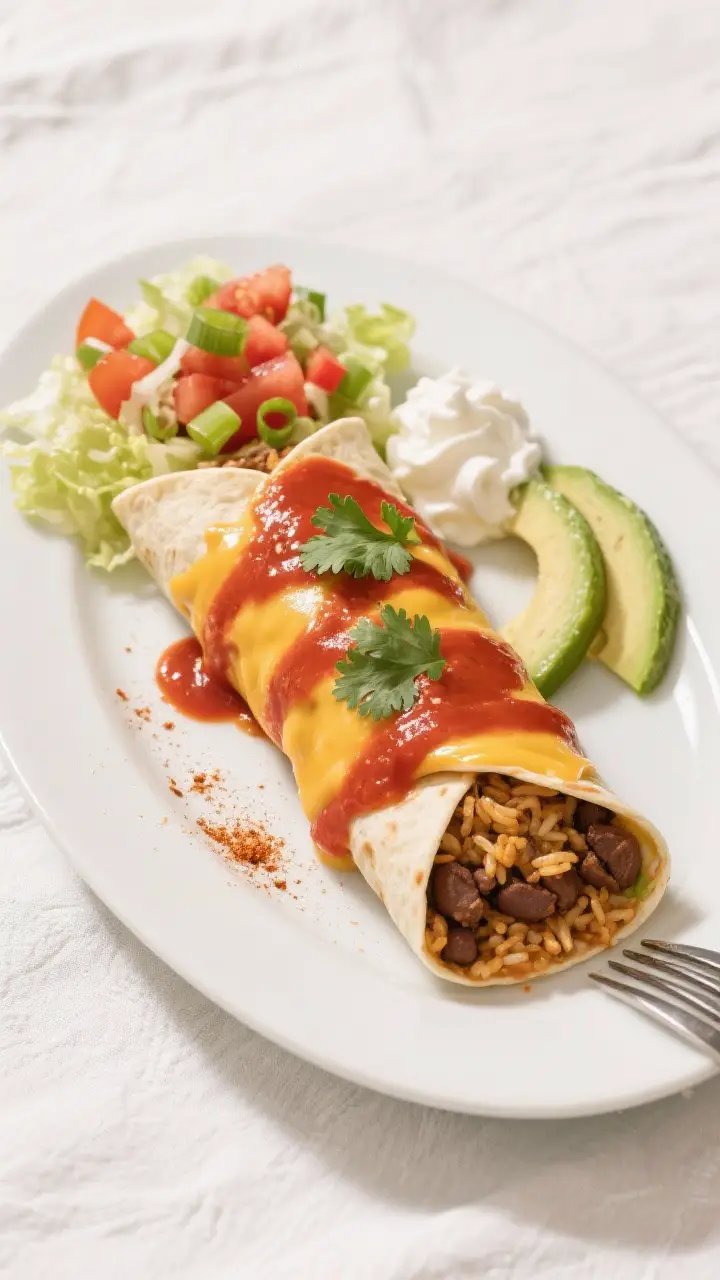 Final plated dish: Restaurant-quality presentation of a single wet burrito on a white oval plate, sl