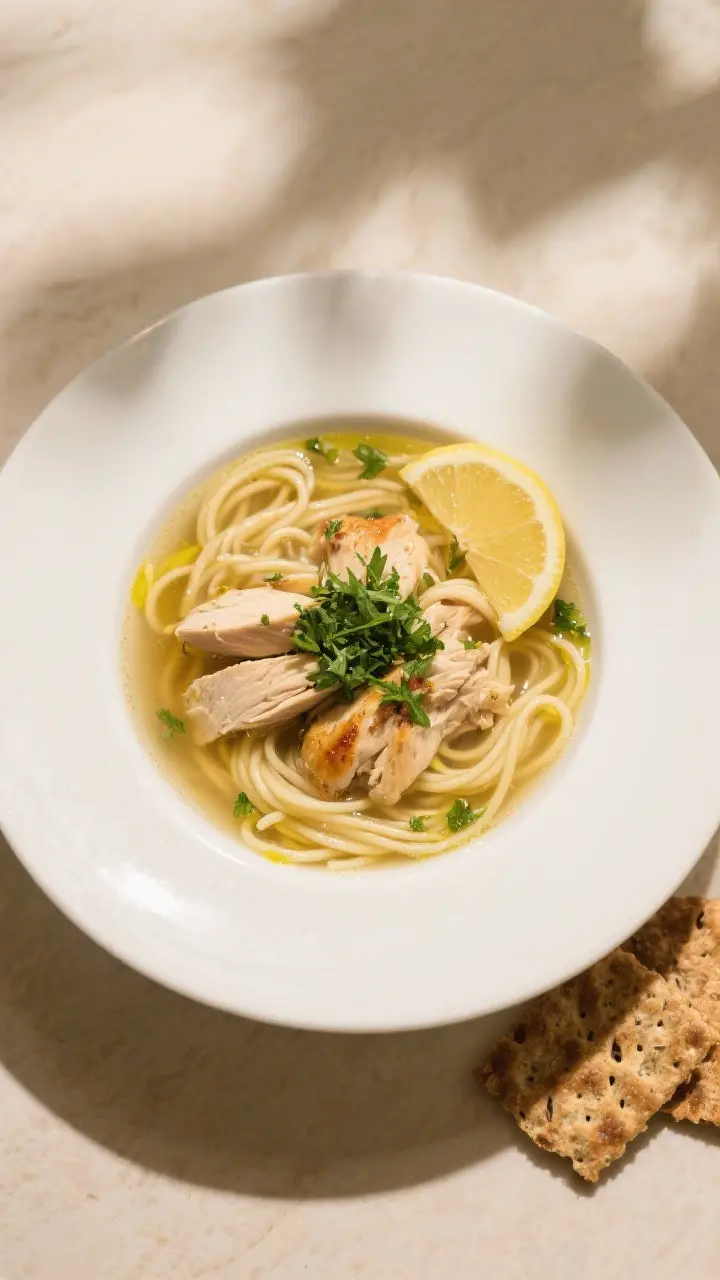 Final plated dish: Restaurant-quality presentation of rotisserie chicken noodle soup in a wide white