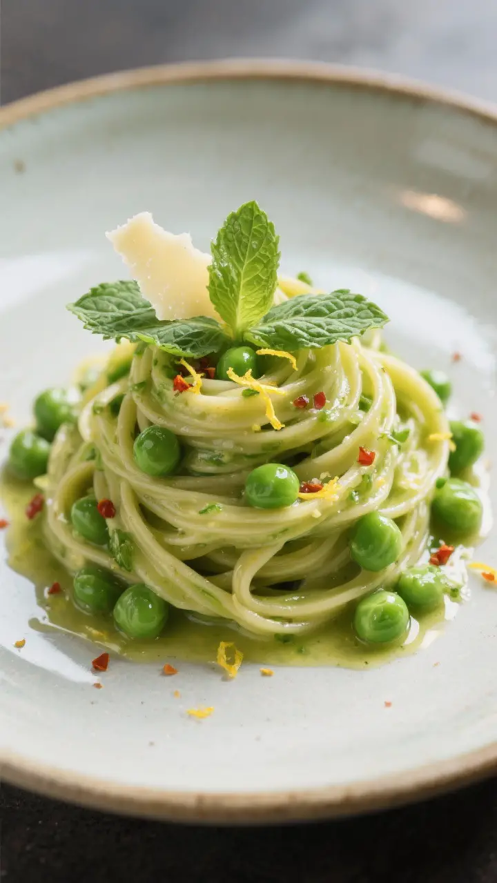 Final plated dish: Restaurant-quality presentation of Spring Pea and Mint Fettuccine twirled into a