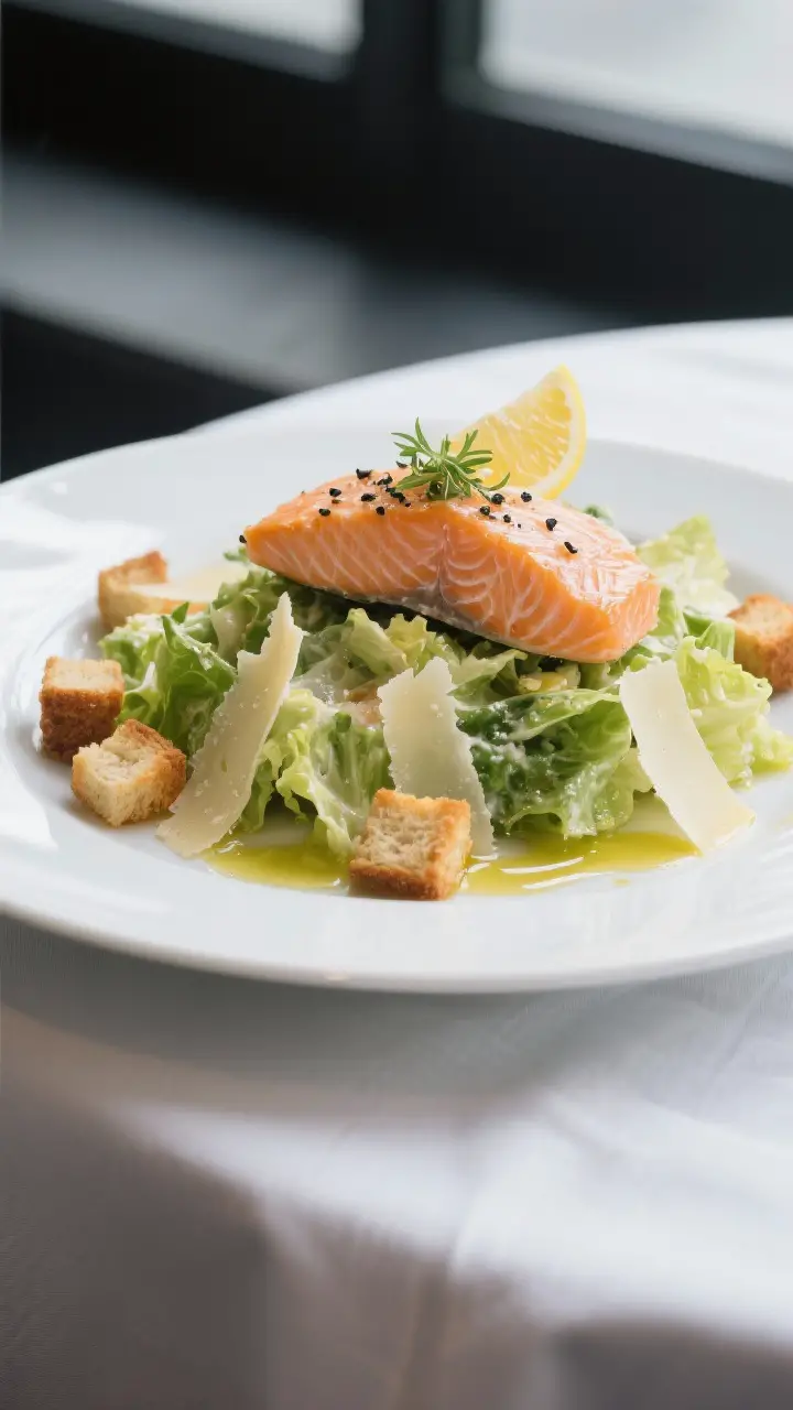 Final plated dish: Restaurant-quality presentation of Salmon Caesar Salad on a wide white plate—sl