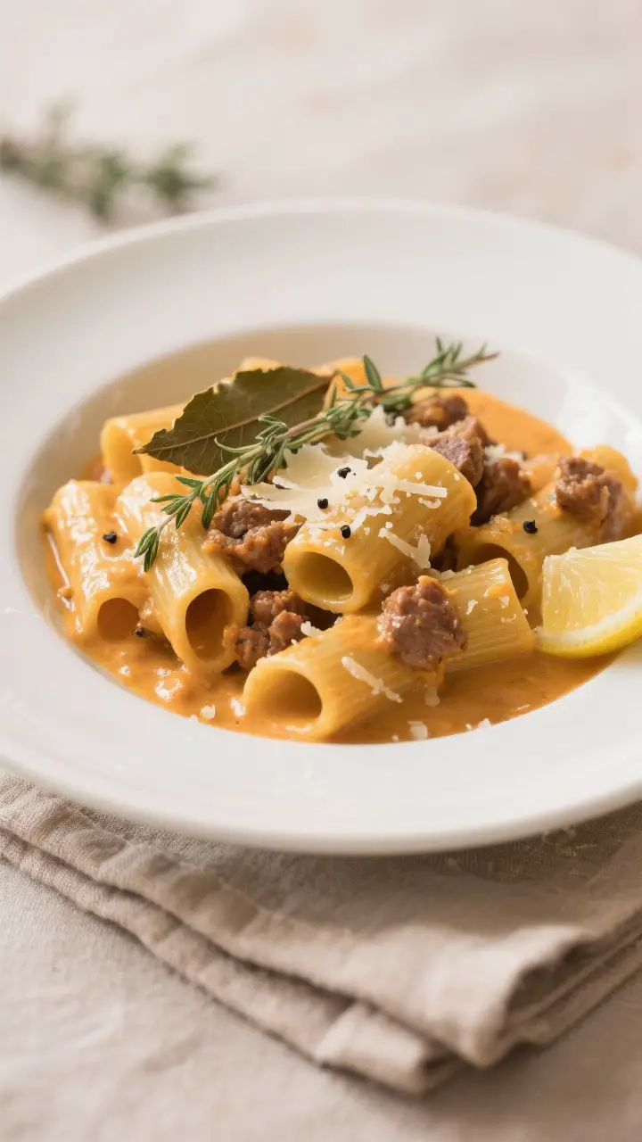 Final plated dish, restaurant-quality: Rigatoni coated in silky pumpkin–sausage cream sauce, plate