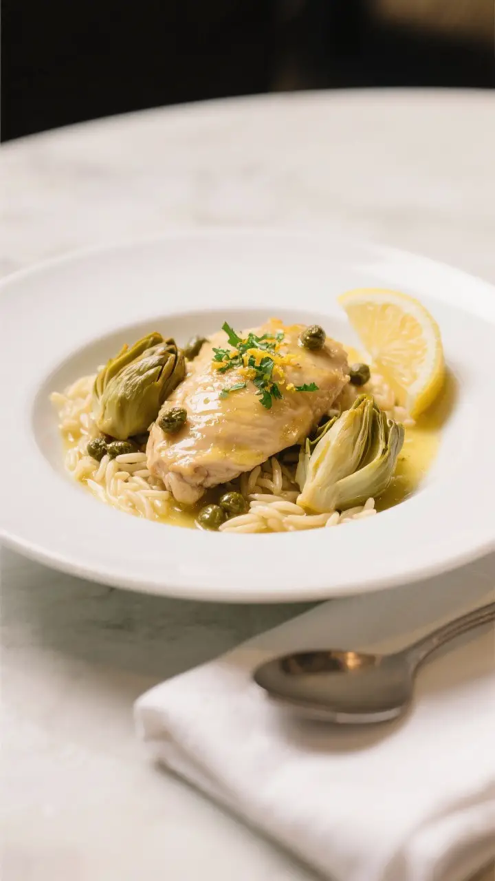 Final plated dish, restaurant style: Beautifully plated lemon butter chicken with artichokes on a wi
