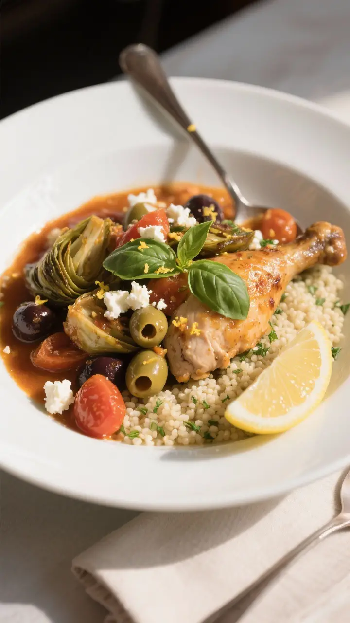 Final plated dish, restaurant-style: Beautifully plated Mediterranean Chicken served over fluffy her