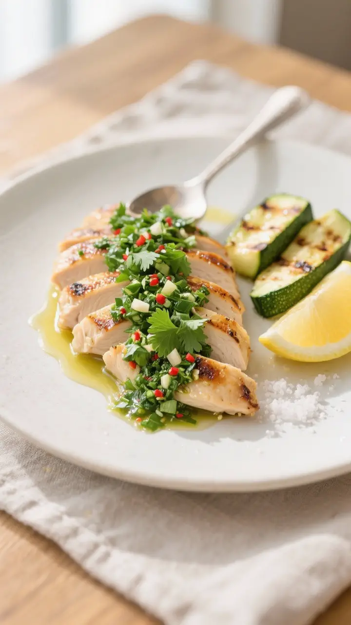 Final plated dish, : Sliced grilled chicken breast arranged fanned on a matte white plate, topped wi