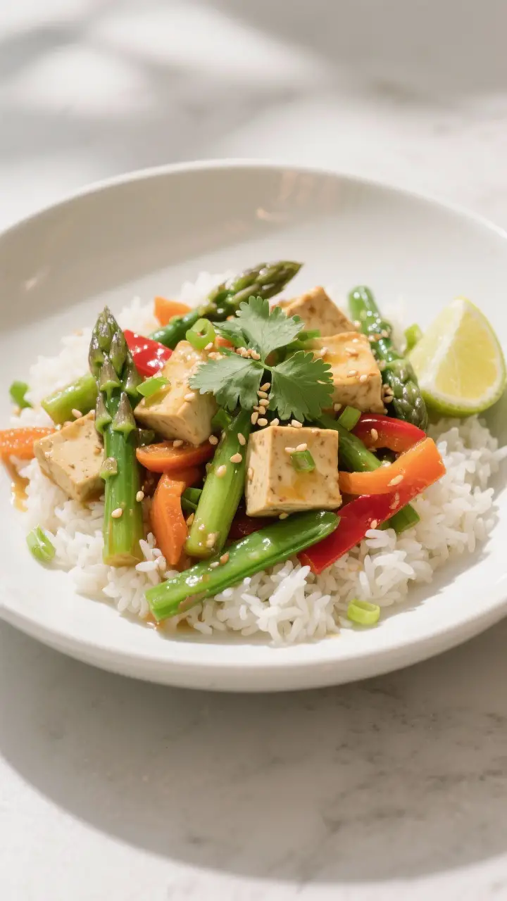 Final plated dish: Spring Vegetable Stir Fry with Tofu served over fluffy jasmine rice in a wide whi
