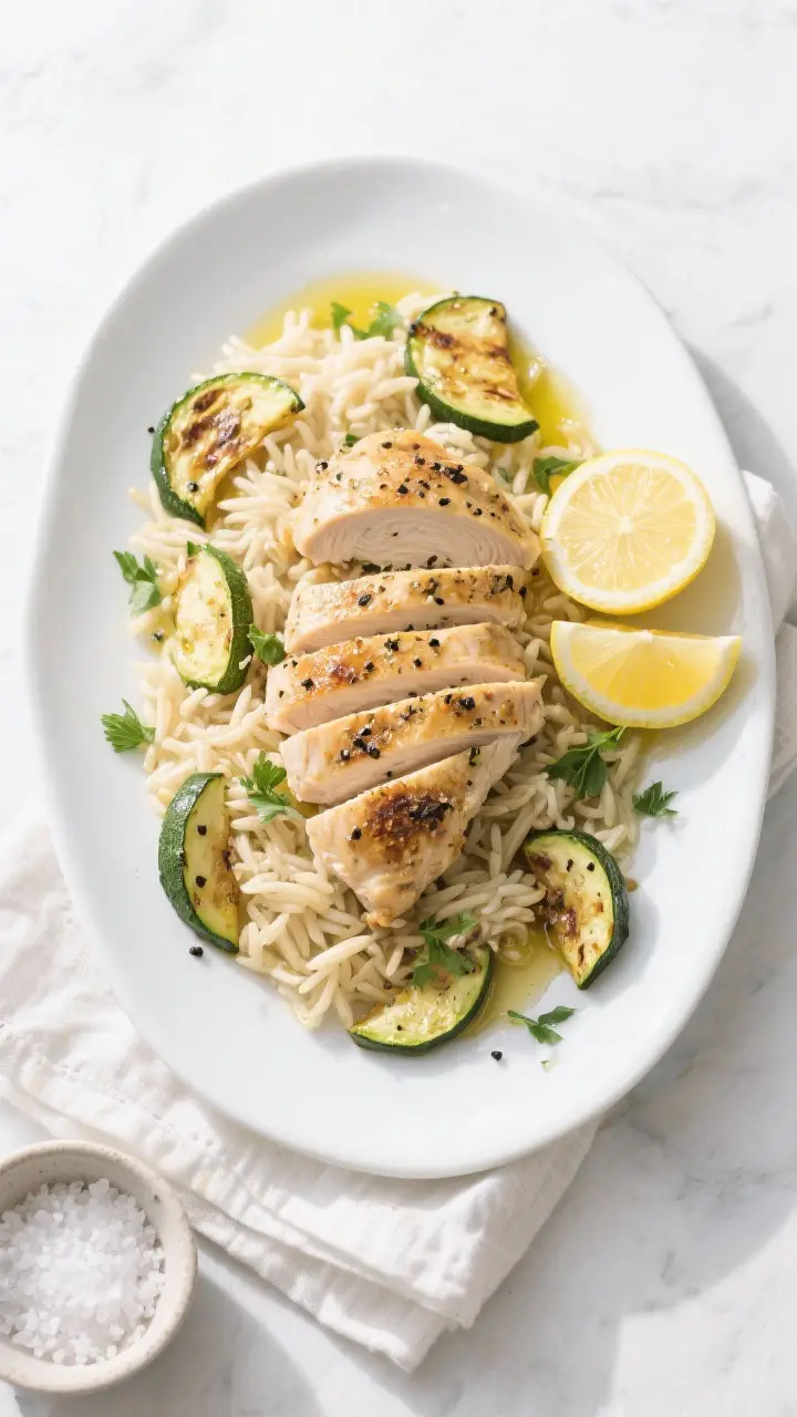 Final plated dish, top-down: Beautifully plated Sheet Pan Lemon Pepper Chicken with Zucchini on a wi