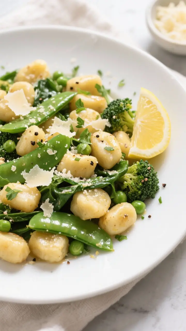 Final plated dish, top-down: Restaurant-quality presentation of Skillet Gnocchi with Spring Vegetabl