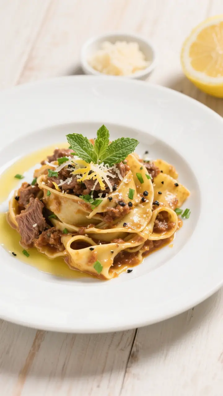 Final plated dish, top-down: Restaurant-quality presentation of Pappardelle with Spring Lamb Ragu tw