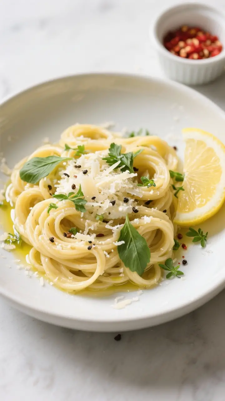 Final plated dish top view: Lemon Ricotta Pasta with Fresh Herbs twirled into neat nests in a wide, 