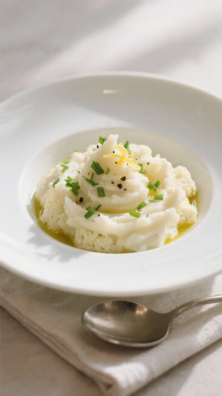 Final plated elegance: Beautifully plated Healthy Mashed Cauliflower in a white shallow bowl, sculpt
