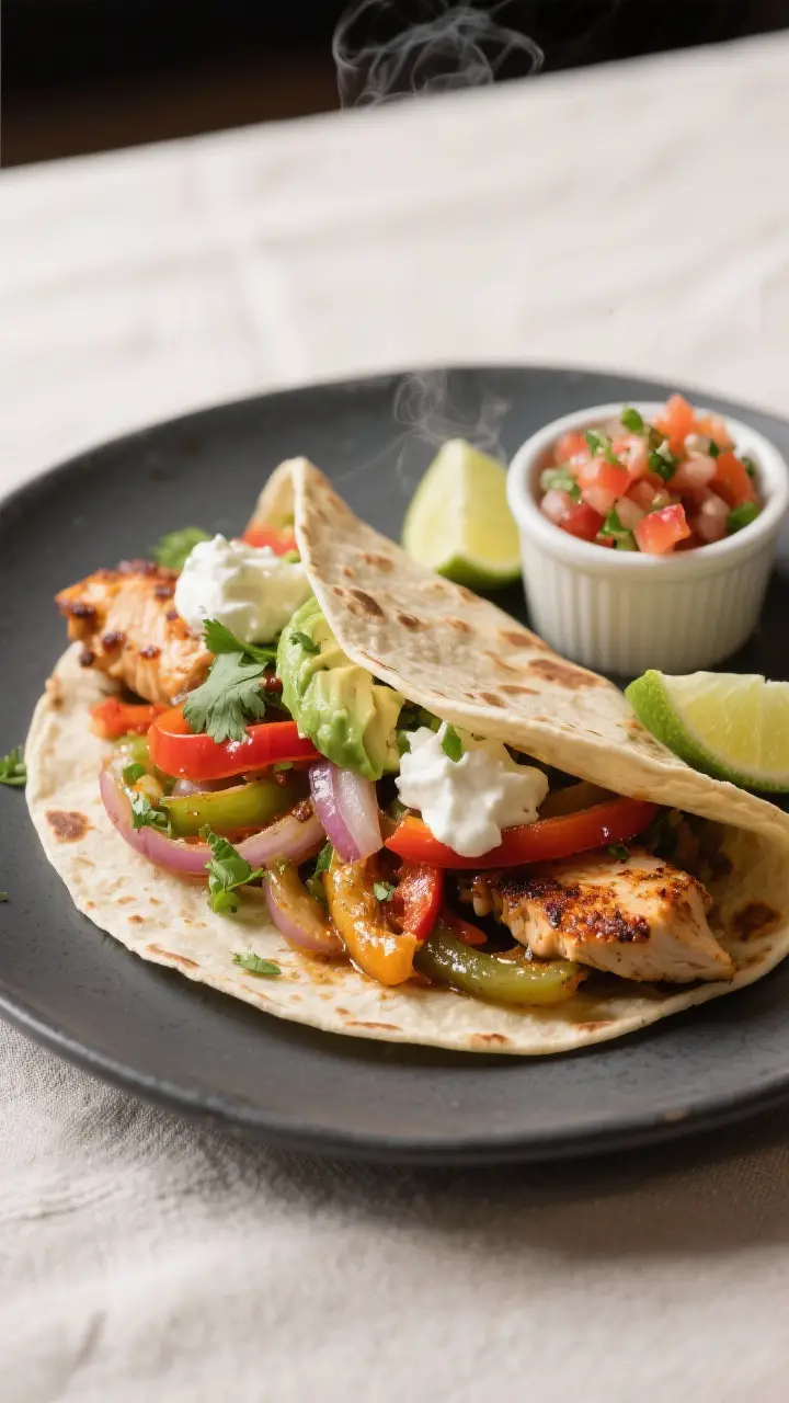 Final plated fajitas, restaurant style: Beautifully plated chicken fajita tortillas on a matte charc