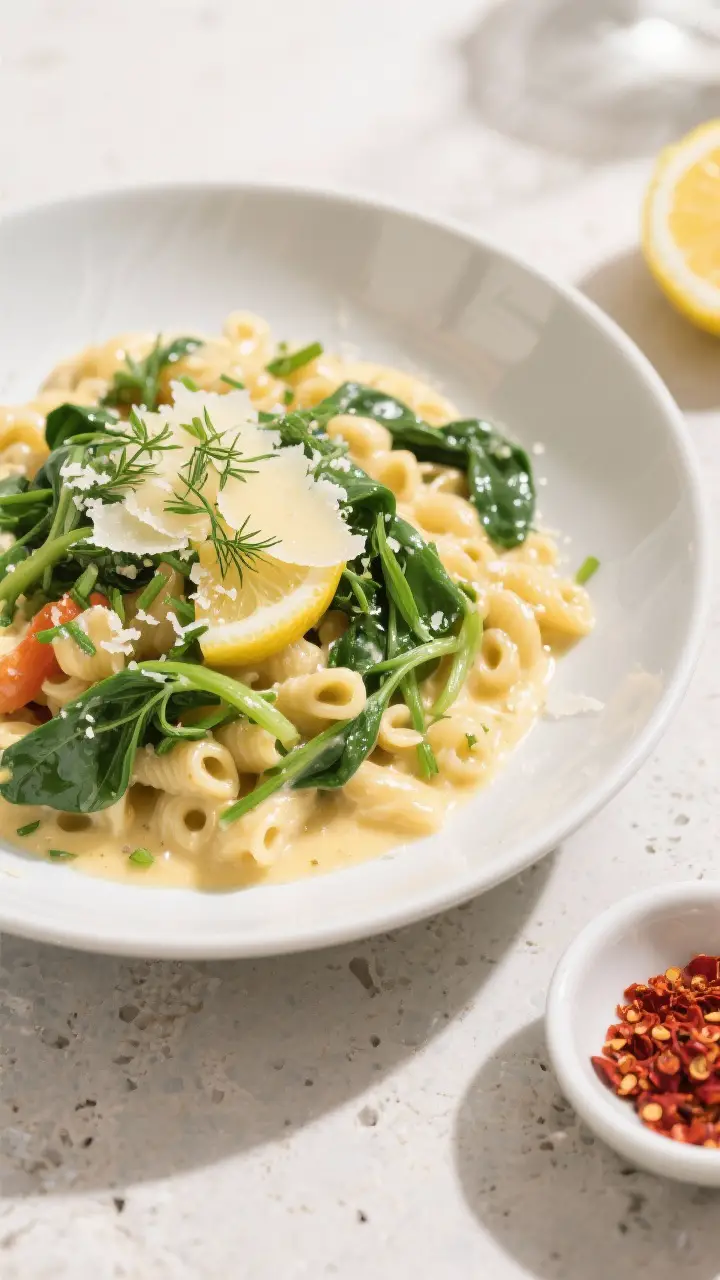 Final plated hero: Beautifully plated bowl of Spring Vegetable Mac and Cheese with wilted spinach ri