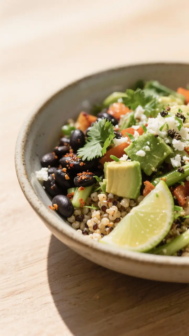 Final plated hero shot, close-up: Restaurant-quality plated Spring Vegetable Burrito Bowl with quino