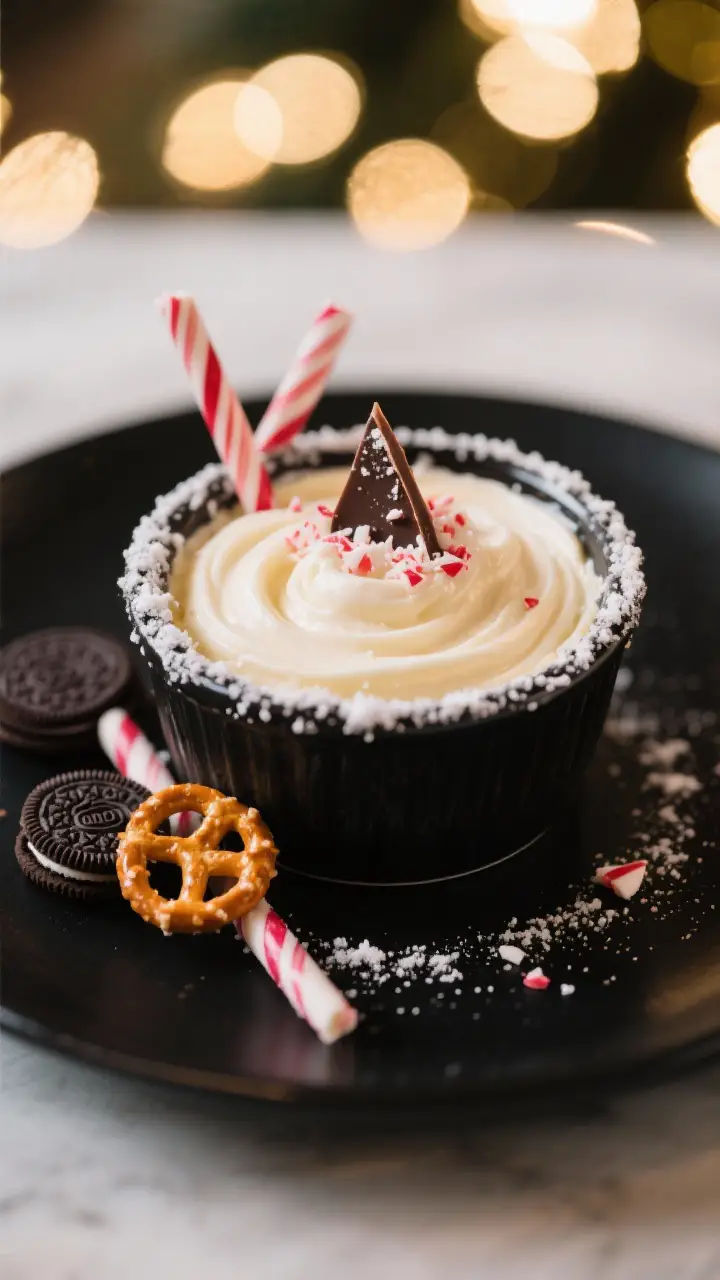 Final plated hero shot: Restaurant-quality presentation of peppermint cheesecake dip scooped into a 