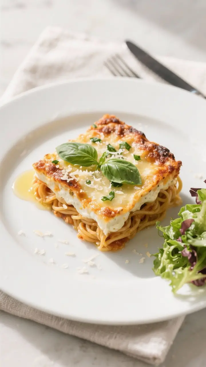 Final plated overhead: A neat square slice of baked spaghetti served on a matte white plate, clean e