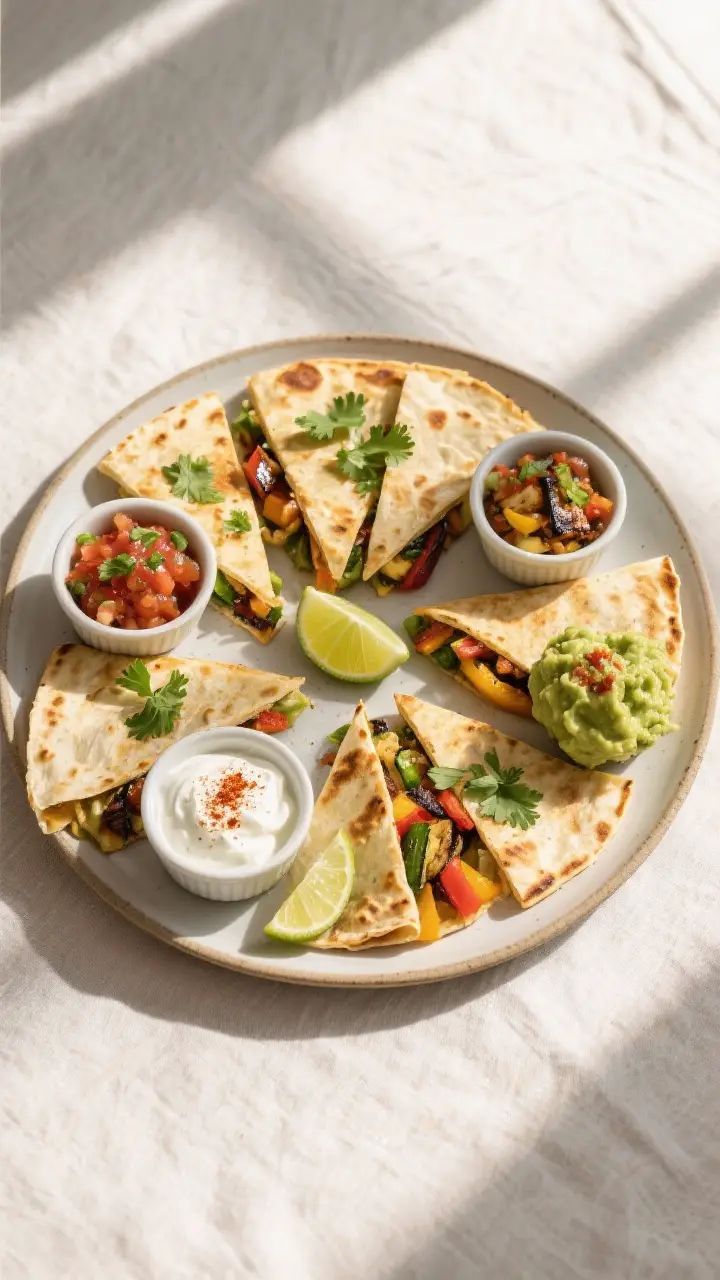 Final plated overhead: Overhead shot of a round platter with neatly fanned quesadilla wedges, each w