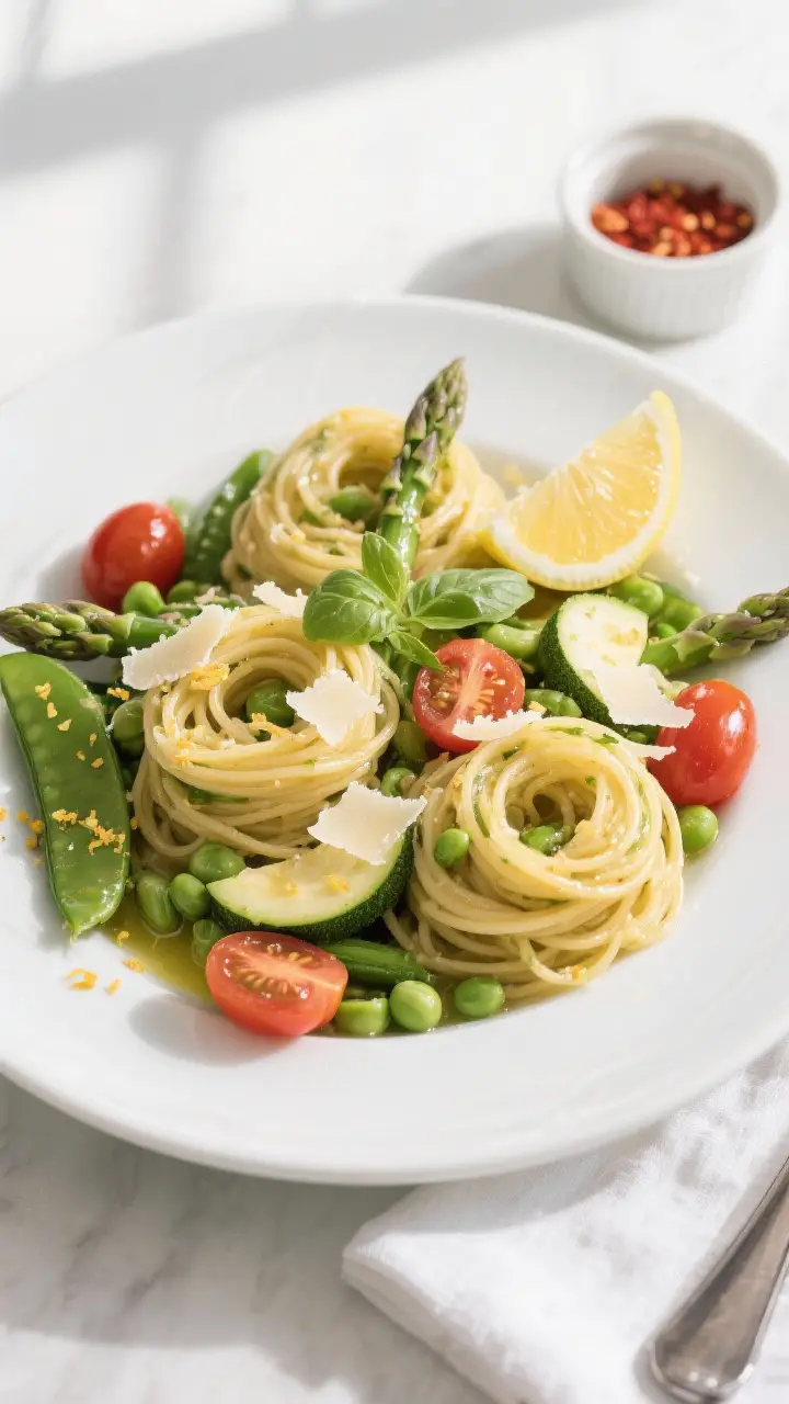 Final plated overhead: Overhead shot of spring vegetable pasta elegantly twirled into nests on a wid